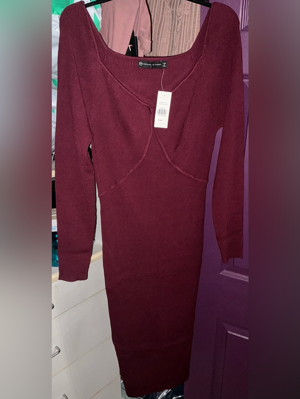 Fashion to Figure Wine Ribbed Long Sleeve Bodycon Dress